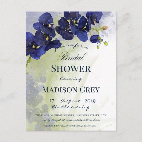 Dark Blue Orchid Watercolor Bridal Shower PostInvitations