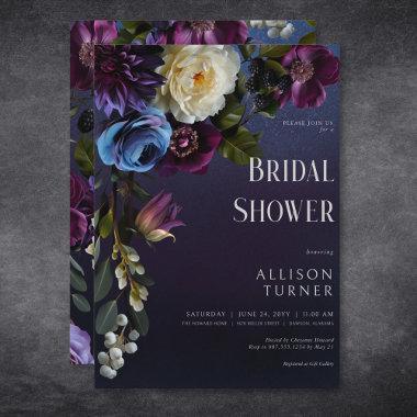 Dark Blue & Purple Floral Moody Bridal Shower Invitations
