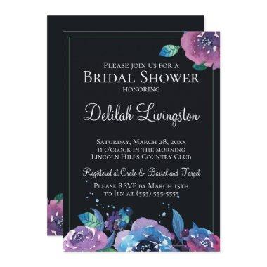 Dark Blue Purple Twilight Floral Bridal Shower Invitations