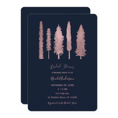 Dark Blue & Rose Gold Forest Trees Bridal Shower Invitations