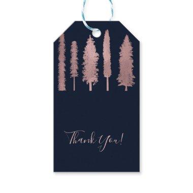 Dark Blue Rose Gold Forest Woodsy Trees Rustic Gift Tags