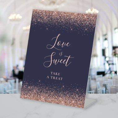 Dark Blue Rose Gold Glitter Wedding Love Is Sweet Pedestal Sign