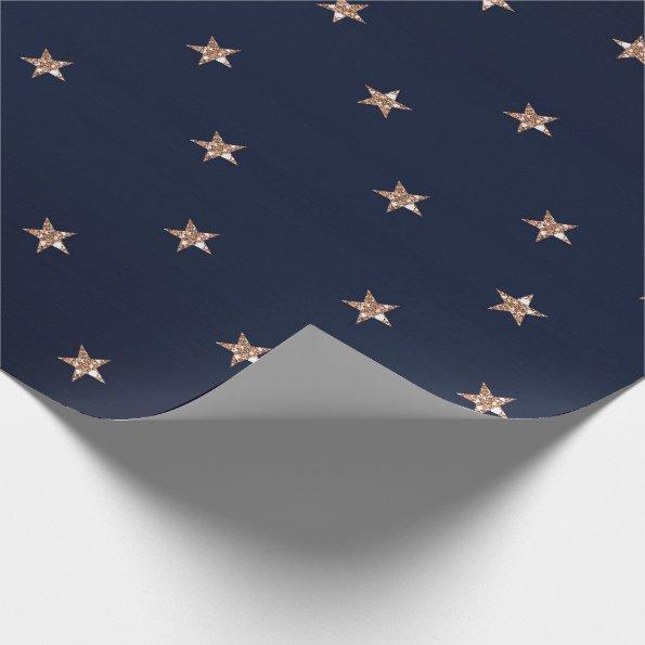 Dark Blue & Rose Gold Pink Glittery Stars Starry Wrapping Paper