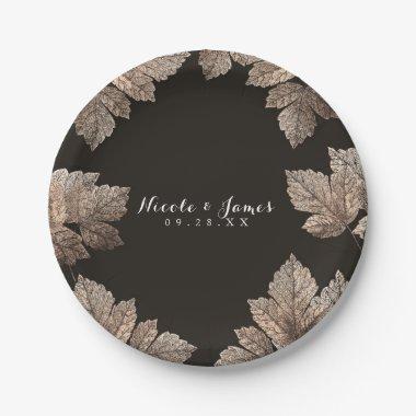 Dark Brown & Bronze Leaves Rustic Custom Fall Paper Plates