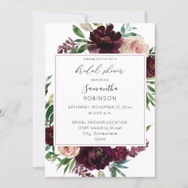 Dark Burgundy & Blush Pink Floral Bridal Shower SQ Invitations