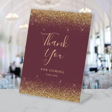 Dark Burgundy Gold Glitter Wedding Thank You Pedestal Sign