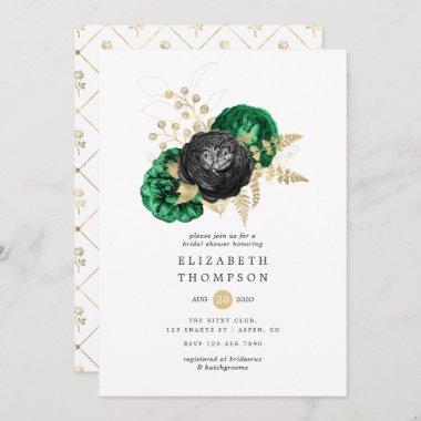 Dark Emerald and Gold Floral Bridal Shower Invitations