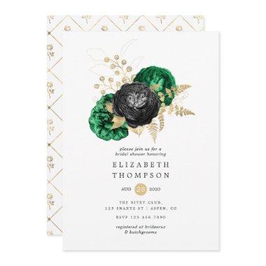 Dark Emerald and Gold Floral Bridal Shower Invitations