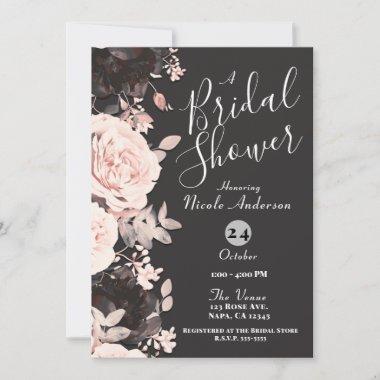 Dark Floral Blush Pink Charcoal Grey Bridal Shower Invitations