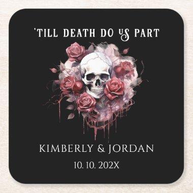 Dark Gothic Skulls 'till death do us part Wedding Square Paper Coaster
