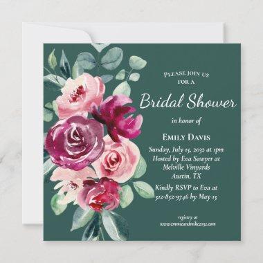Dark Green, Burgundy & Blush Boho Bridal Shower I Invitations