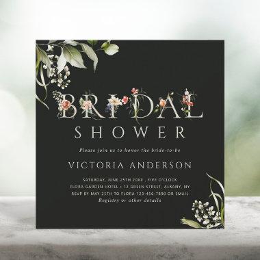 Dark Green Floral Botanical Letter Bridal Shower Invitations