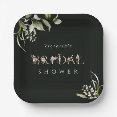 Dark Green Floral Botanical Letter Bridal Shower Paper Plates