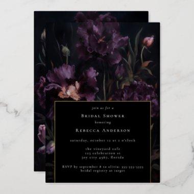 Dark Moody Purple Gothic Florals Bridal Shower Foil Invitations