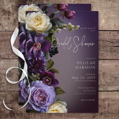 Dark Moody Purple & Lavender Floral Bridal Shower Invitations
