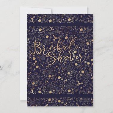Dark Navy Blue & Gold Elegant Bridal Shower Invitations