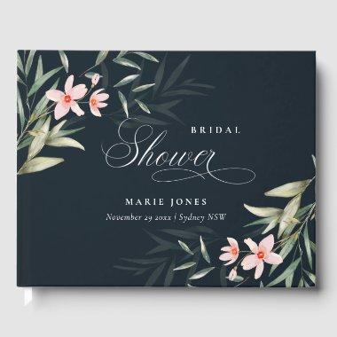 Dark Navy Blush Greenery Flora Bunch  Guest Book