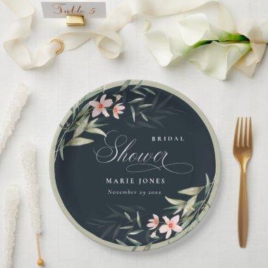 Dark Navy Blush Greenery Floral  Paper Plates