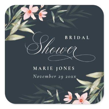 Dark Navy Blush Greenery Floral Bridal Shower Square Sticker