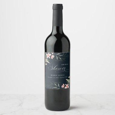 Dark Navy Blush Greenery Floral Bridal Shower Wine Label