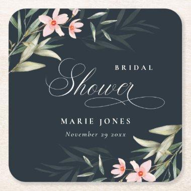 Dark Navy Navy Greenery Floral Bridal Shower Square Paper Coaster