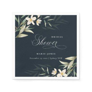 Dark Navy White Greenery Flora Bunch Bridal Shower Napkins