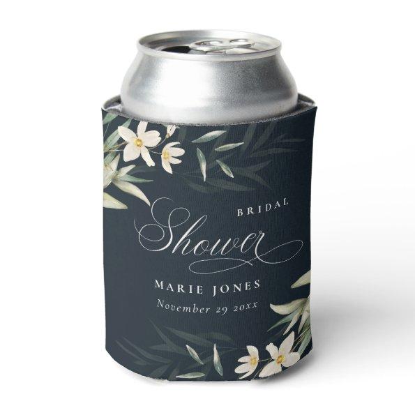 Dark Navy White Greenery Floral Bridal Shower Can Cooler