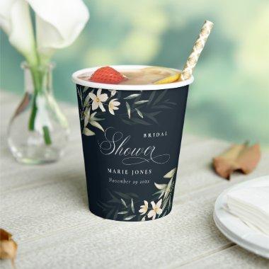 Dark Navy White Greenery Floral Bridal Shower Paper Cups
