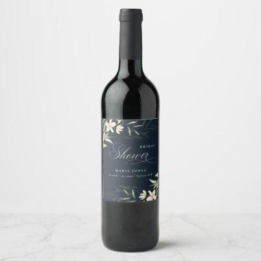 Dark Navy White Greenery Floral Bridal Shower Wine Label
