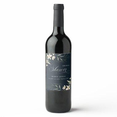 Dark Navy White Greenery Floral  Wine Label