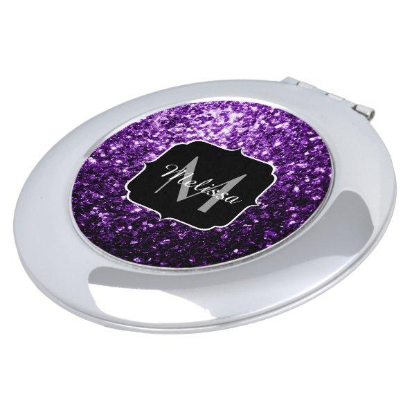 Dark Purple faux shiny glitter sparkles Monogram Makeup Mirror