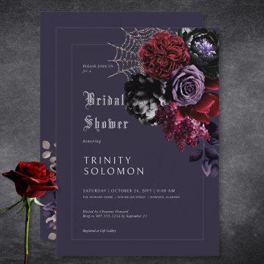 Dark Purple Floral & Silver Web Bridal Shower Invitations