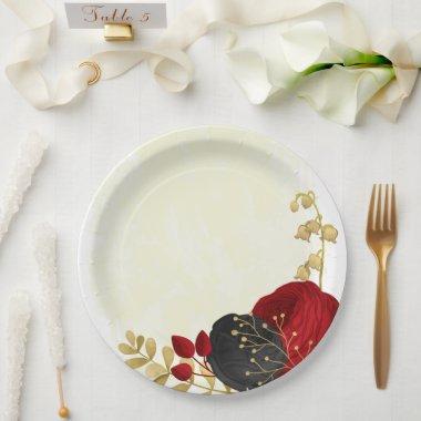 dark red & black flowers gold paper plates