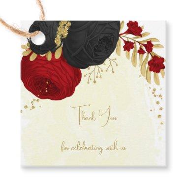 dark red & black flowers gold wedding favor tags