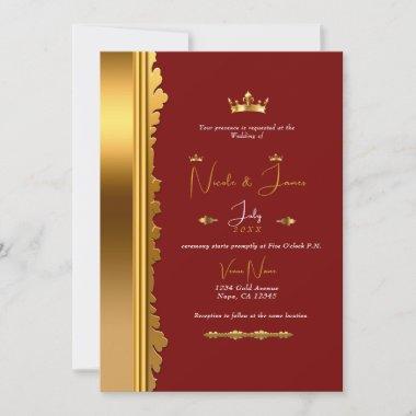 Dark Red & Gold Elegant Royal Glam Wedding   Invitations