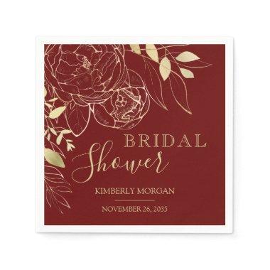 Dark Red & Gold Modern Floral Bridal Shower Napkin