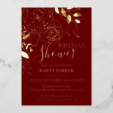 Dark Red & Gold Modern Floral Peony Bridal Shower Foil Invitations