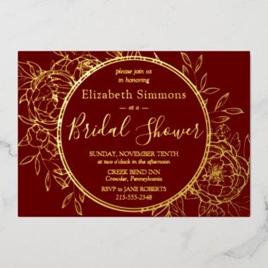 Dark Red Modern Line Peony Toile  Foil