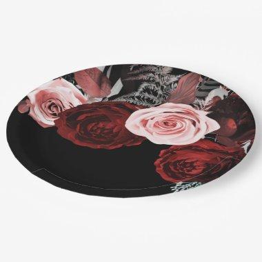 Dark Red & Pink Flowers Floral Greenery Wedding Paper Plates
