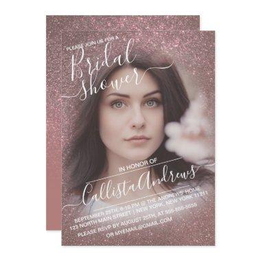 Dark Rose Gold Sparkly Glitter Photo Bridal Shower Invitations