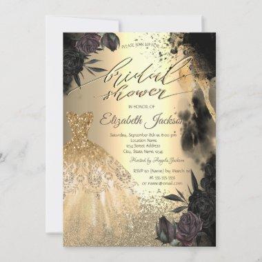 Dark Roses Gold Diamonds Dress Bridal Shower Invitations
