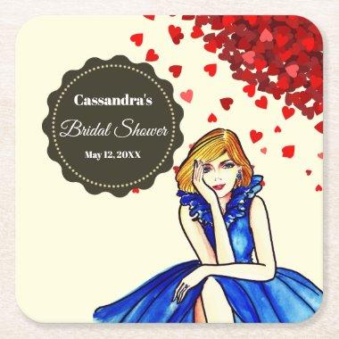 Dark Royal Blue Cocktail Gown Bridal Shower Square Paper Coaster