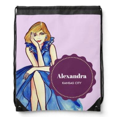 Dark Royal Blue Cocktail Gown Fashion Illustration Drawstring Bag