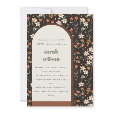 Dark Rust Groovy Retro Arch Floral Bridal Shower Invitations