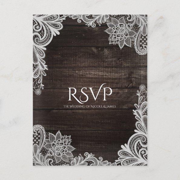 Dark Rustic Wood & Elegant Lace Wedding RSVP Invitation PostInvitations