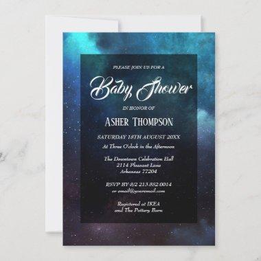Dark Space Blue Nebula Bridal Shower Invitations