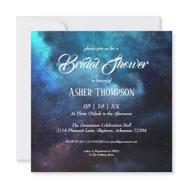 Dark Starry Night Blue Nebula Bridal Shower Invitations