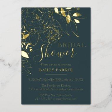 Dark Teal & Gold Modern Floral Peony Bridal Shower Foil Invitations