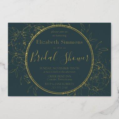 Dark Teal & Gold Modern Line Toile Bridal Shower Foil Invitations