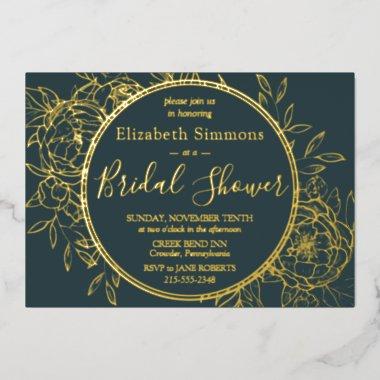 Dark Teal & Gold Modern Line Toile  Foil